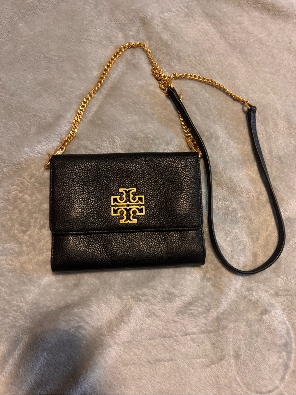 Tory Burch Black Pebbled Leather Crossbody with Gold Logo and Chain Strap